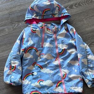 Warm rainbow print blue fleece-lined rain coat jacket girls